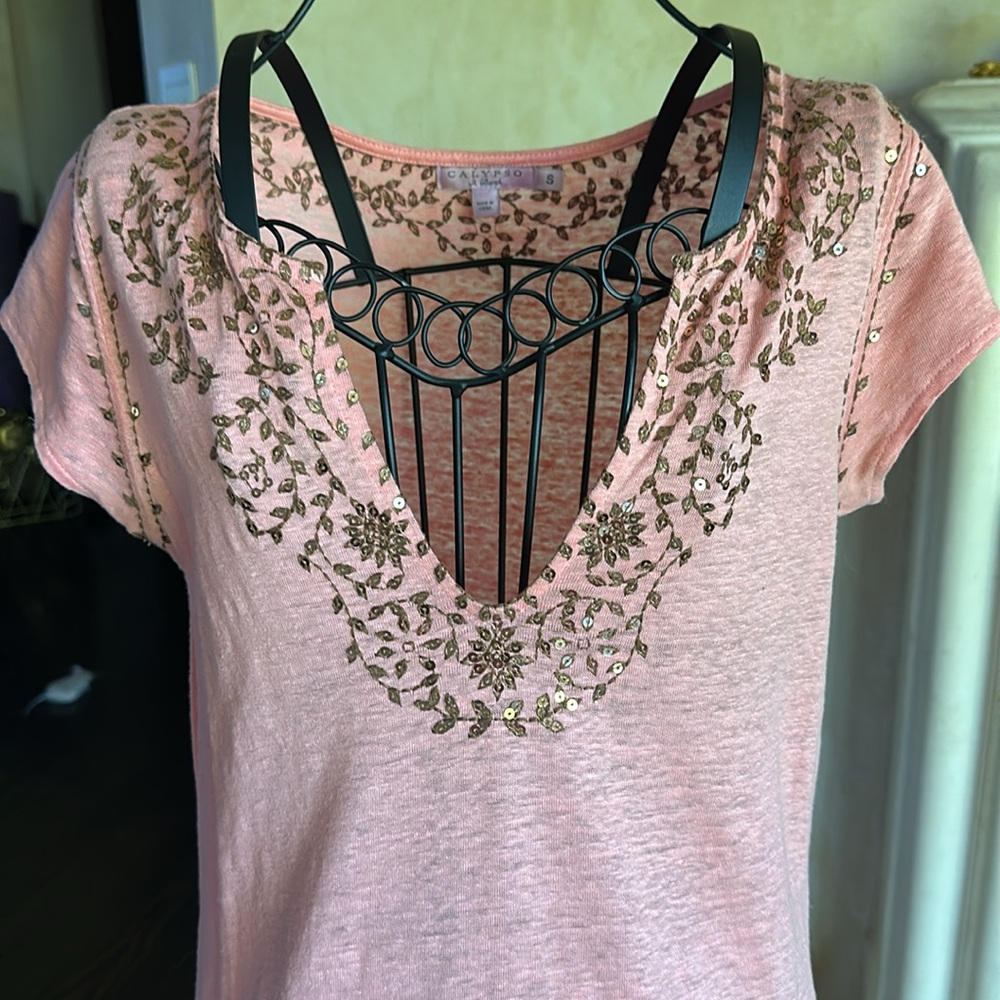 Calypso St. Barth Emeline Sequin Linen Coral Midi Dress Size Small - Picture 2 of 5